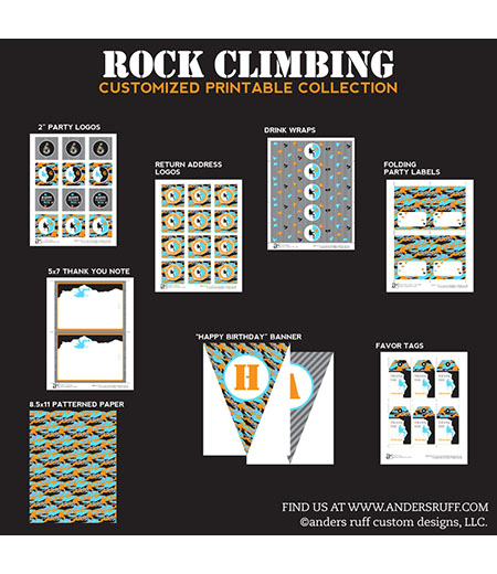 Rock Climbing Camo Birthday Party Printable Collection - Grey, Black, Orange and Blue